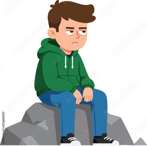 Sad young boy sitting on rock wearing green hoodie and blue jeans vector illustration 