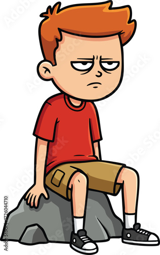 Boy sitting on rock looking bored or tired in casual clothes vector illustration 