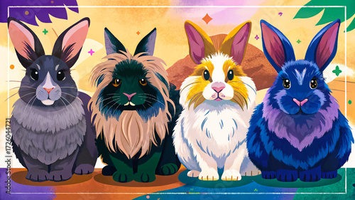 rabbit breeds together set vector including Angora, Lop, Dutch, Rex, and Lionhead, showing variety, cuteness, and companionship in charming animal illustration