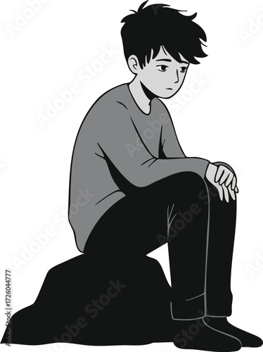 Sad young boy sitting alone on a rock vector illustration in monochrome style with black and grey colors 
