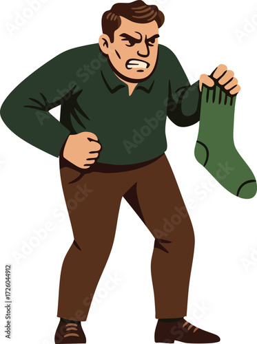 Angry man holding green sock with frustrated expression and clenched fists in casual outfit vector illustration 