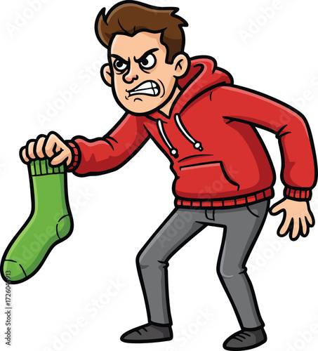 Angry man in red hoodie holding a green sock with disgusted expression vector illustration 