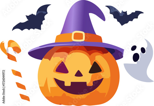 Halloween pumpkin with witch hat