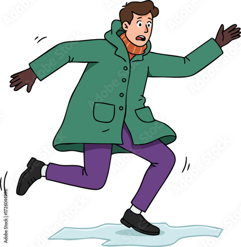 Young man slipping on icy surface wearing green coat and purple pants winter accident vector illustration 