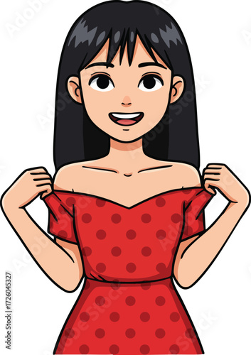 Young woman in red polka dot dress smiling and adjusting shoulders cheerful female character vector illustration 