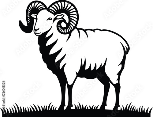 Ram Sheep Standing on Grass Silhouette Black and White Vector Illustration for Farming and Nature Themes 