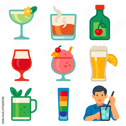 Colorful Drink Icons. Flat vector icons of alcohol drink: elderflower cocktail in coupe glass, smoky scotch glass, cherry brandy