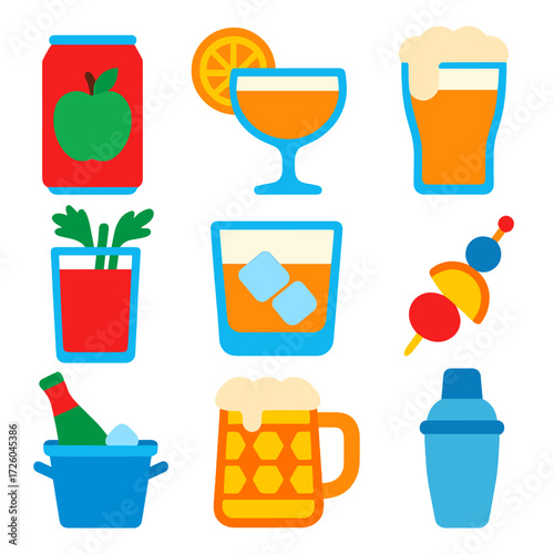 Bold Alcohol Icons. Flat vector icons of alcohol drink: craft cider can, cocktail with orange wheel, ale glass with foam crown.