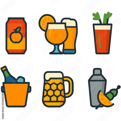 Bold Alcohol Icons. Flat vector icons of alcohol drink: craft cider can, cocktail with orange wheel, ale glass with foam crown.