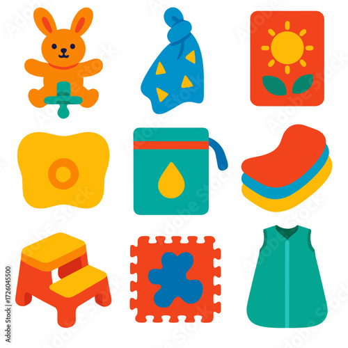 Minimalist Baby Care Icons. Flat vector icons of baby care: plush animal pacifier, soft muslin swaddle, baby milestone card.
