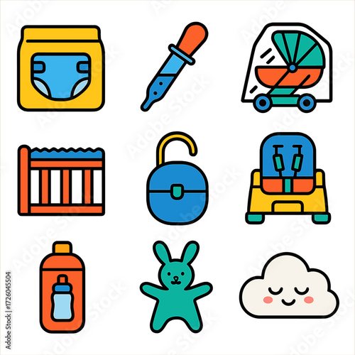Bright Baby Care Icons. Flat vector icons of baby care: soft diaper bag insert, silicone medicine feeder, stroller rain shield.