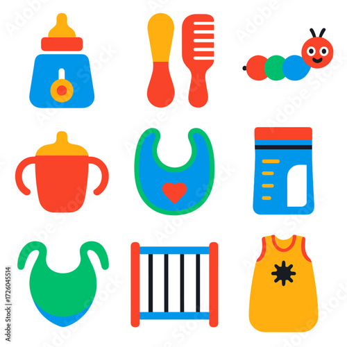 Baby Care Icons. Flat vector icons of baby care: baby feeding bottle warmer, baby nail clipper, baby comb and brush. Toy for tummy