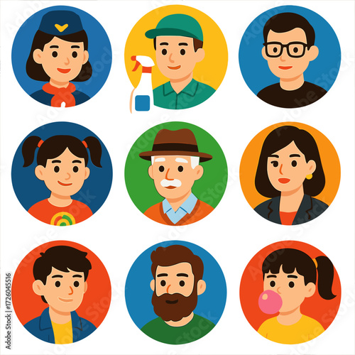 Diverse Professional Icons. Flat vector icons of people avatar (round): flight attendant with scarf, janitor with cleaning spray,