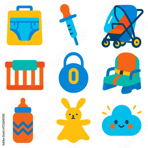 Bright Baby Care Icons. Flat vector icons of baby care: soft diaper bag insert, silicone medicine feeder, stroller rain shield.