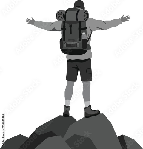 Backpacker standing on mountain peak with arms wide open enjoying hiking adventure freedom 