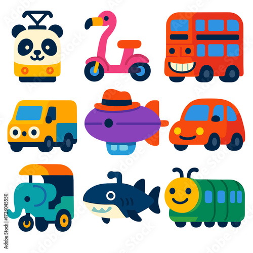 Whimsical Transport Icons. Flat vector icons of transport in cartoon style: panda-face tram, flamingo hover scooter, grinning