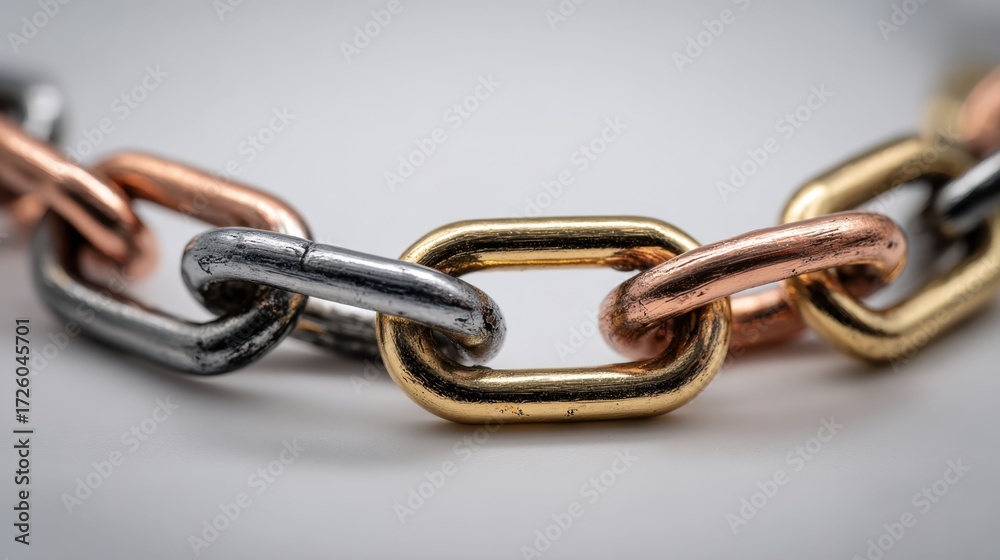 Obraz premium Close-up of flat metallic chain links with gold, silver, and copper accents. Clean and modern style, ideal for jewelry design, fashion details, backgrounds, and product promotion.