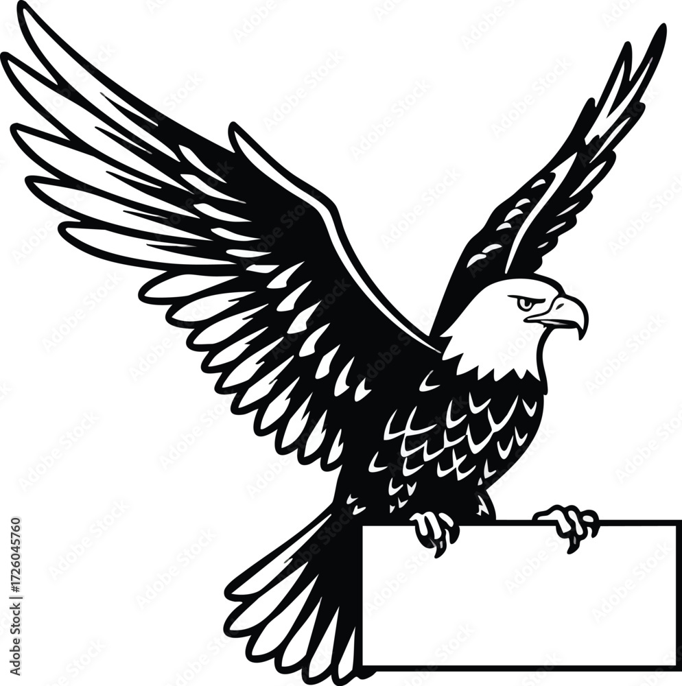 Obraz premium Bald eagle with outstretched wings holding blank sign vector illustration in black and white design