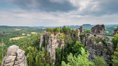 Bastei bridge stretches across the elbe sandstone mountains in saxon switzerland