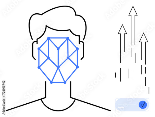 Human face outline overlaid with facial recognition nodes, upward growth arrows, and validation checkmark. Ideal for AI, biometrics, security, technology, innovation, progress and identification