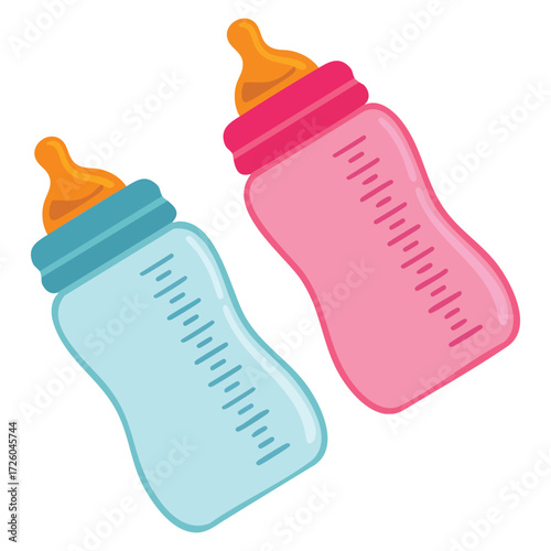 Baby pacifiers blue and pink with milk vector illustration nipple set infant care child accessory design concept newborn parenting