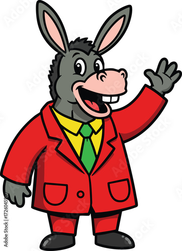 Donkey character in red suit waving hand cheerful cartoon vector illustration 