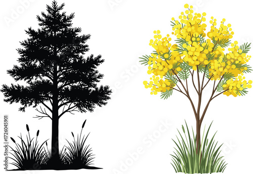 tree, foliage, blossom, seasonal, nature, landscape, vector, illustration, silhouette, yellow, green, contrast, growth, concept, design, spring, evergreen, flora, outdoor, environment
