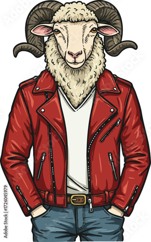 Ram sheep anthropomorphic character wearing red leather jacket and casual jeans illustration vector art 
