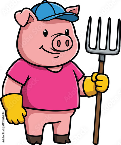 Cartoon pig farmer character holding pitchfork with blue cap and pink shirt vector illustration 