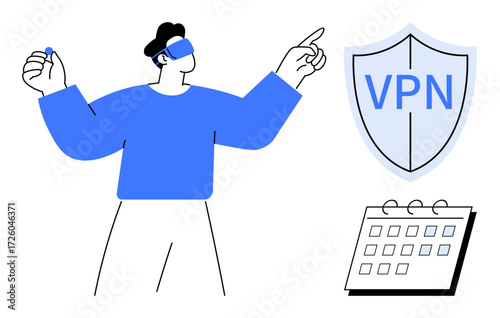 Person wearing VR headset gestures towards shield marked VPN and calendar, symbolizing privacy, cybersecurity, online planning. Ideal for technology, security, data protection, planning, remote work