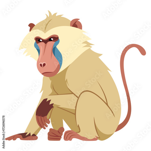 Cute cartoon baboon sitting calmly with colorful face details. Perfect for jungle animal collections, wildlife education, children's books, and nature themed designs.