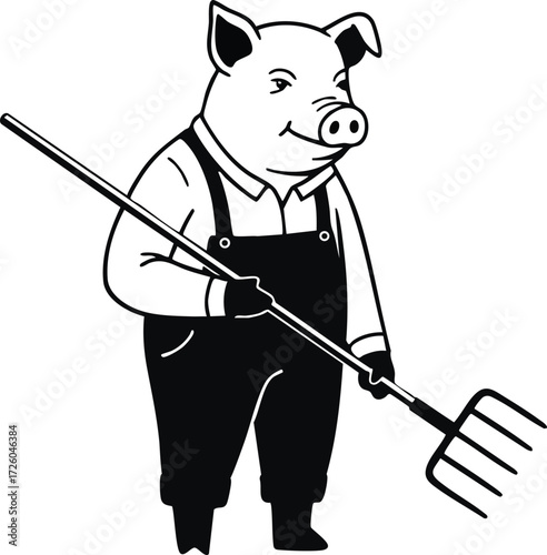 Pig farmer holding pitchfork in work clothes black and white vector illustration 