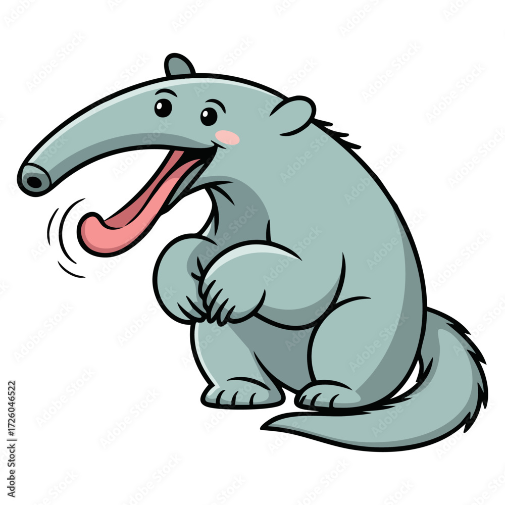 Obraz premium Funny cartoon anteater with long nose and extended tongue sitting calmly. Perfect for rainforest projects, educational content, animal stories, and wildlife designs.
