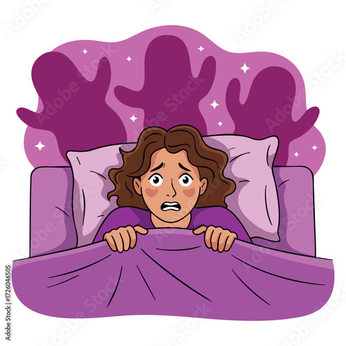 Female personage having insomnia due to bad dreams. Cartoon vector illustration showing girl pulling blanket with thoughts in head, ideal for mental health and sleep themed designs.