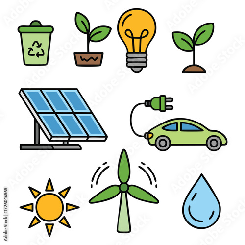 Isolated ecology icons vector illustration design sustainability renewable energy net zero carbon neutral co2 neutral environment set