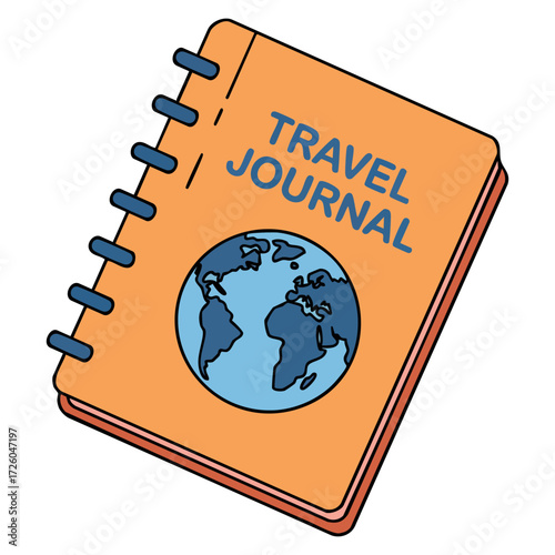 Isolated travel journal vector with spiral binding and globe icon. Great for adventure memories, travel inspiration, journaling, and exploration themed designs.