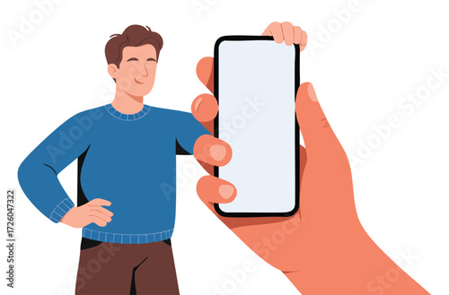 Male person with smartphone vector illustration hand holding phone showing screen display cartoon character with gadget modern design