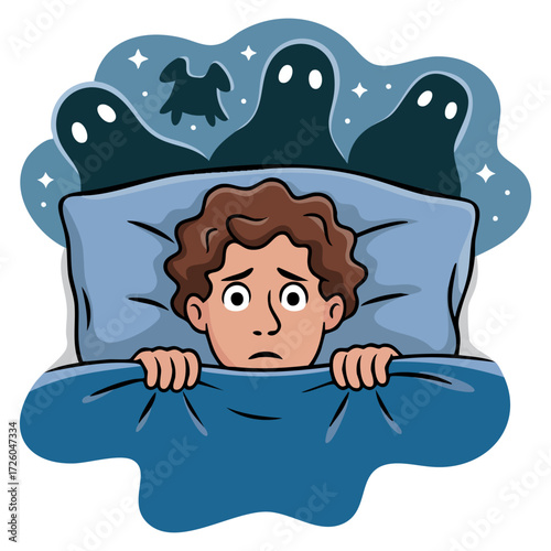 Male personage having insomnia due to nightmares. Cartoon vector illustration showing man pulling blanket with thoughts in head, ideal for sleep and mental health themes.