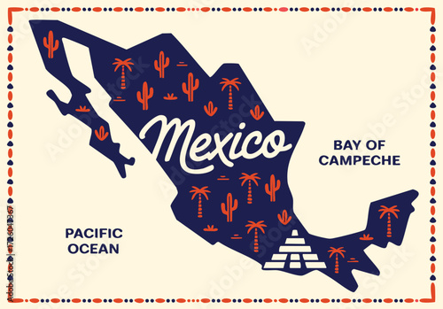 Mexican attractions map poster with hand illustration of cactus sombrero travel and tourism theme perfect for tourists and adventure vector art