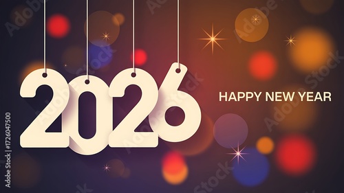 “HAPPY NEW YEAR 2026” in white 3D hanging ornaments with bokeh lights and starbursts on dark festive background, ideal for celebration visuals, seasonal branding, and greeting content
