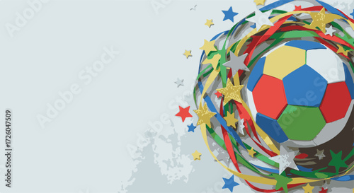 Colorful Paper Art Style Soccer Ball Surrounded by Stars for World Football Day Promotional Materials, Posters, Invitations, and Social Media Graphics