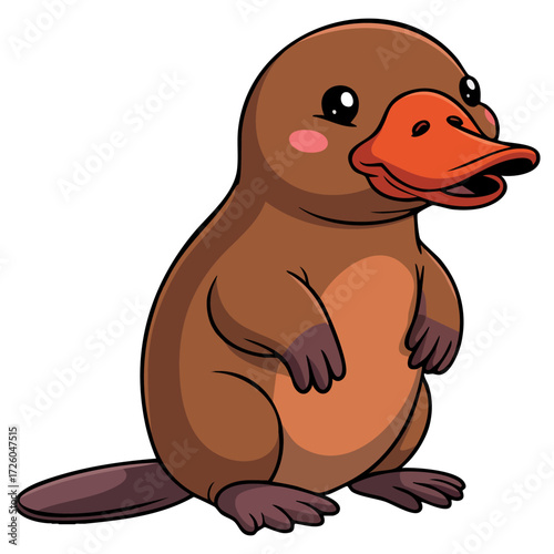 Platypus cartoon sitting calmly with wide bill and flippers vector illustration. Perfect for Australian wildlife, educational nature, and children's content designs.