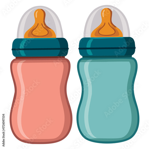 Pacifiers blue and pink with baby milk vector illustration set of nipples newborn infant accessory child care design parenting icon