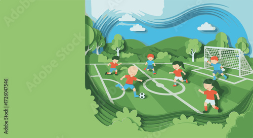 Children Playing Football on a Colorful Field with a Green Background for World Football Day Posters, Sports Education, and Community Events