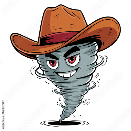 Vector drawing of Texas tornado red eyes cowboy hat toothpick mouth design dramatic storm artwork symbol for creative projects and cartoon designs