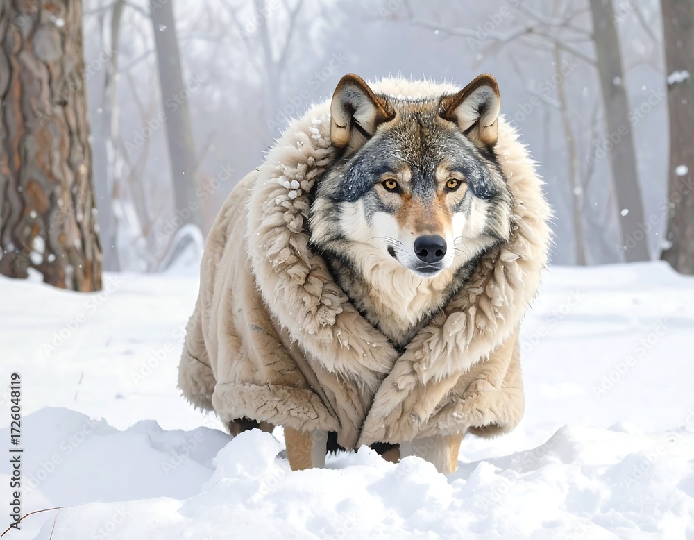 Fototapeta premium Winter's Furry Fashionista: A Wolf in a Fur Coat