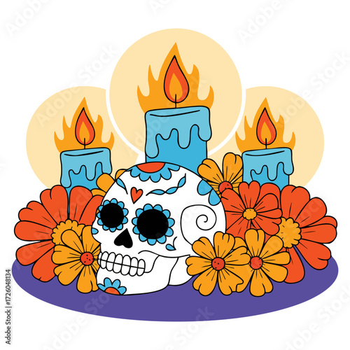 Vector illustration of a bowl featuring a skull and flowers designed in decorative style ideal for tattoo art posters and gothic artwork