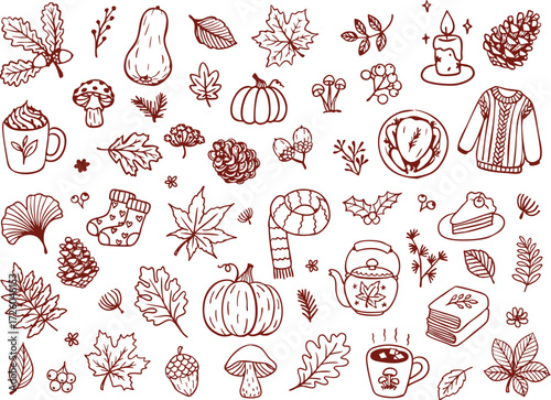 Autumn doodle set – hand drawn seasonal line art with leaves, pumpkin, coffee, tea, and cozy elements for seamless pattern, banner or printing. Vector illustration