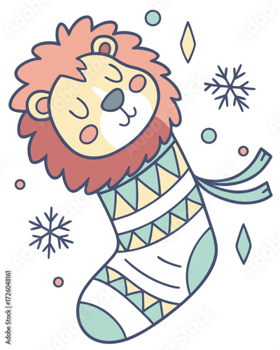 Cute Joyful Lion, accessorized with snuggled in a sock, in a Winter world – Winter Wonderland palette vector
