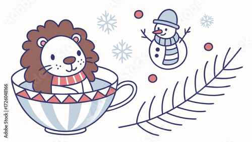 A Funny Lion with in a teacup in a Winter theme – Winter Wonderland palette SVG illustration